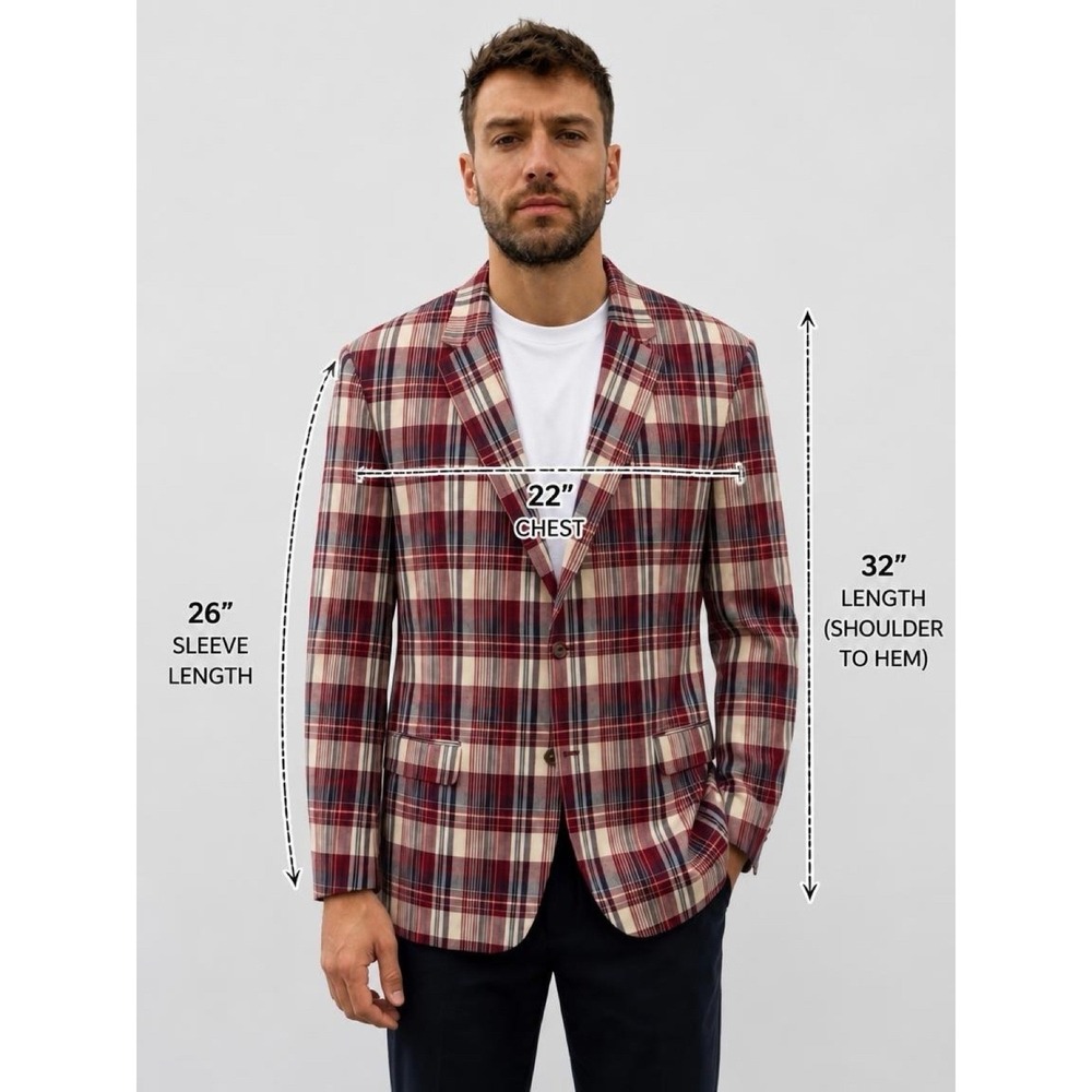 NEW Chaps Plaid Sport Coat Red Navy Blue Cotton Blazer Suit Jacket 44R 44
